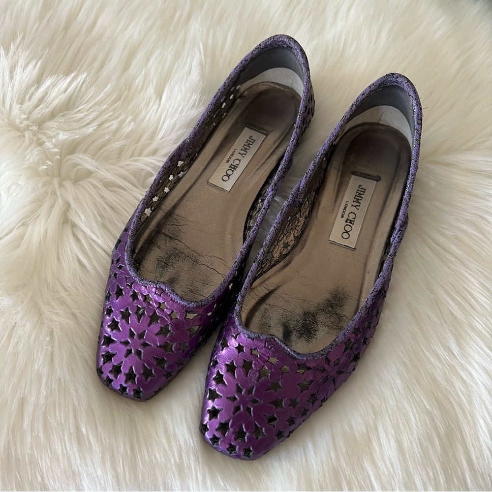 Jimmy Choo Metallic Purple Laser-Cut Flats